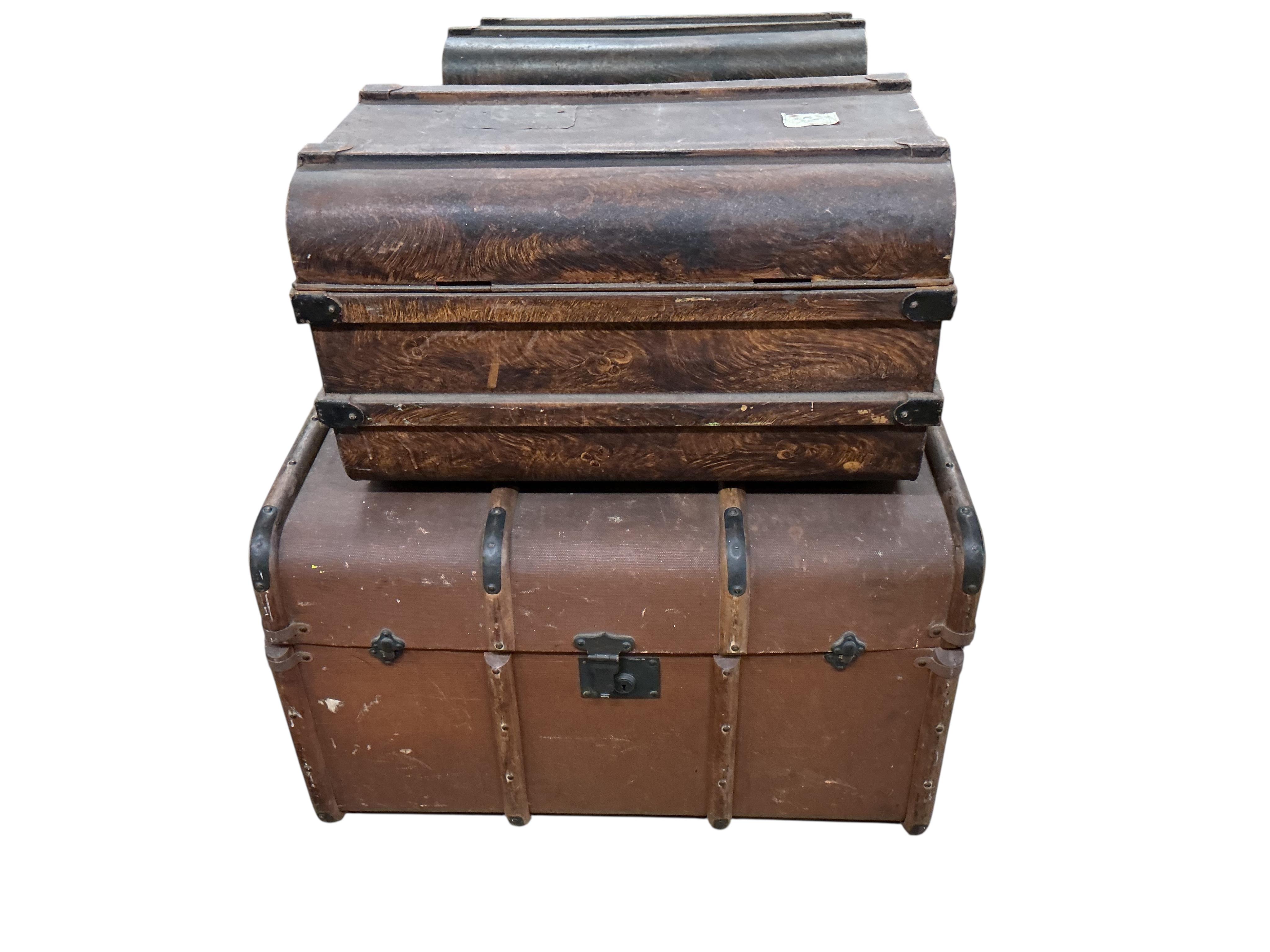 A Victorian painted tin trunk, width 60cm, depth 40cm, height 36cm together with a later larger canvas covered trunk